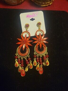 Magic Orange-Red Floral Chandelier Earrings